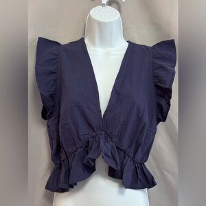 FANCYINN Women’s Navy  Crop Deep V Neck Ruffle Sleeve Peplum‎ Top Size M NEW NWT
